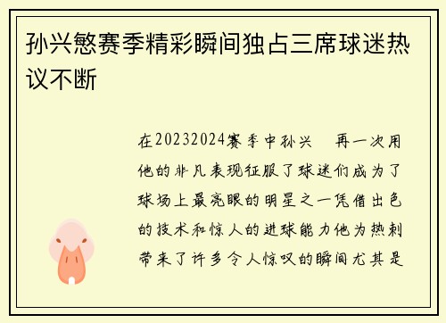 孙兴慜赛季精彩瞬间独占三席球迷热议不断